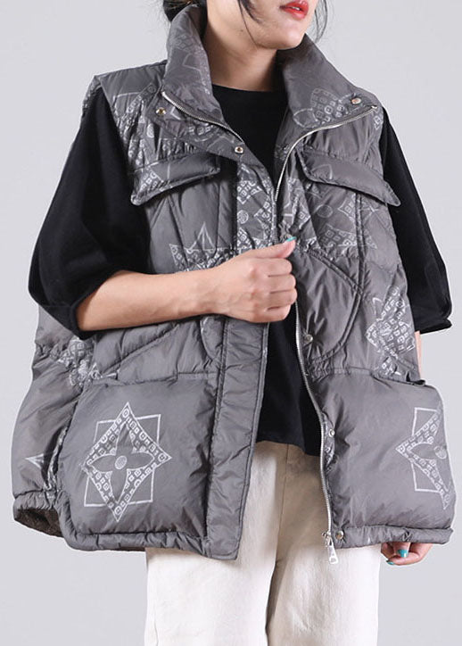 Grey zippered Pockets Print Winter Duck Down Sleeveless down vest - vests - DYAVOR®