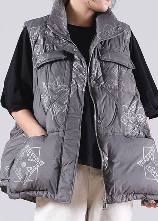 Grey zippered Pockets Print Winter Duck Down Sleeveless down vest - vests - DYAVOR®