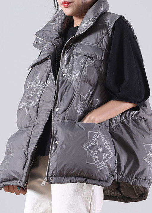 Grey zippered Pockets Print Winter Duck Down Sleeveless down vest - vests - DYAVOR®