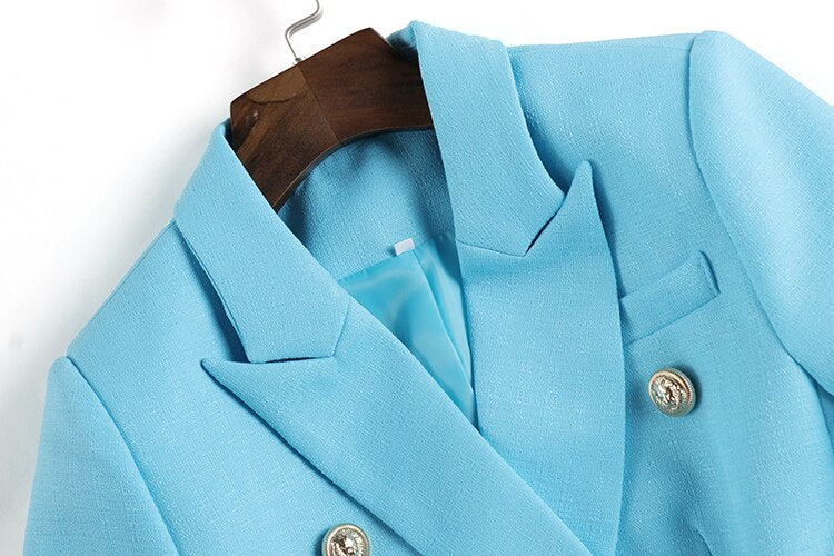 Double-breasted Sky Blue Textured Blazer - - DYAVOR®