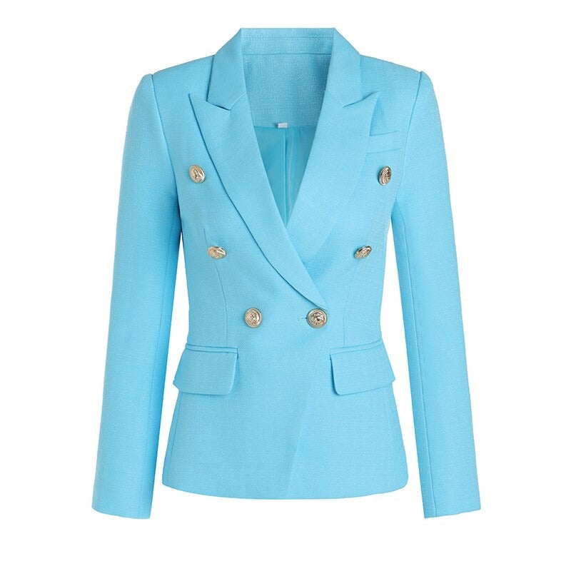 Double-breasted Sky Blue Textured Blazer - - DYAVOR®