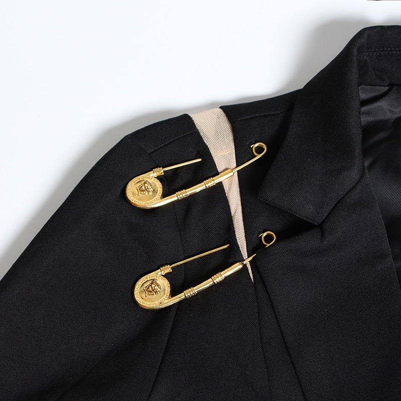 Black Blazer With Golden Safety Pin Trims - - DYAVOR®