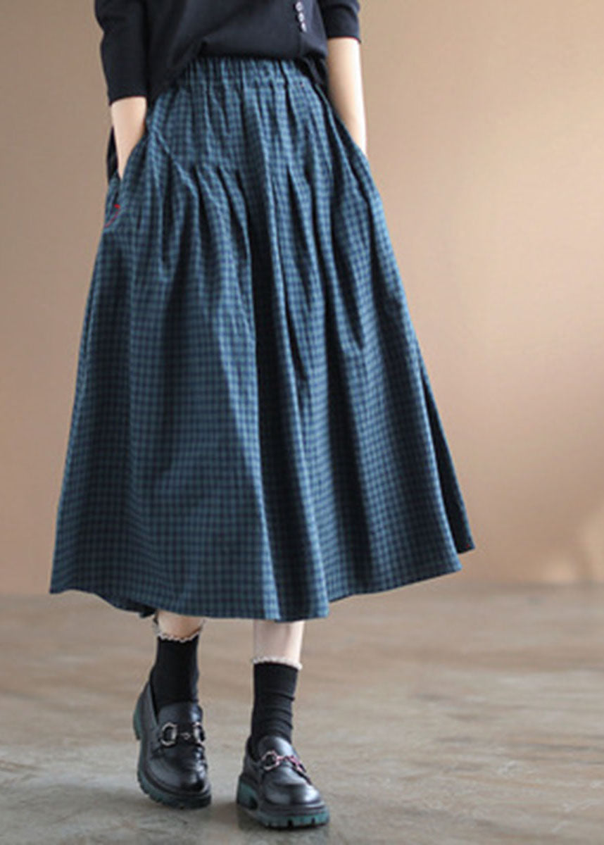 Handmade Blue Plaid Elastic Waist Pockets Fall Skirt - Skirts - DYAVOR®