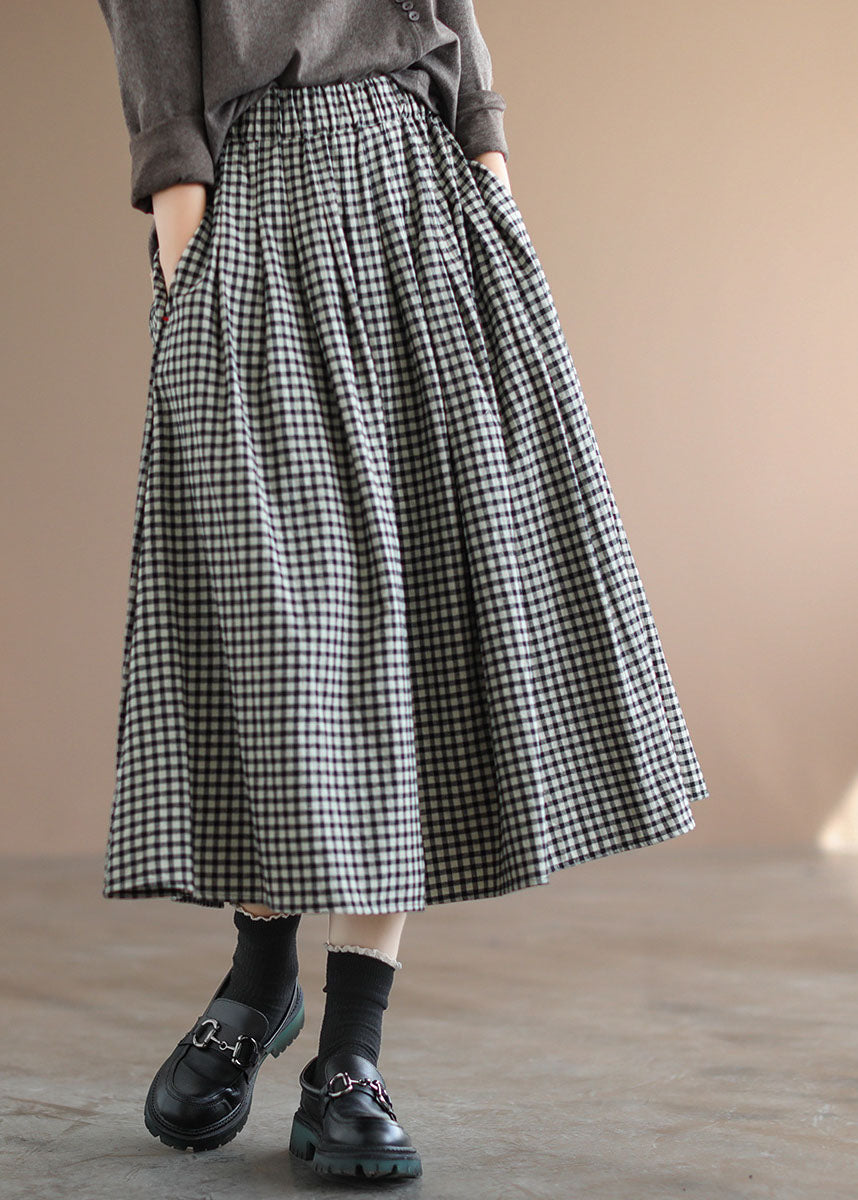 Handmade Blue Plaid Elastic Waist Pockets Fall Skirt - Skirts - DYAVOR®