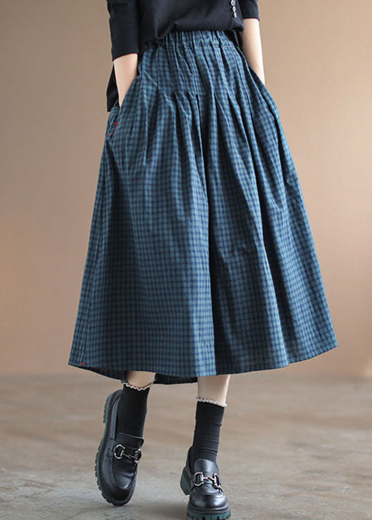 Handmade Blue Plaid Elastic Waist Pockets Fall Skirt - Skirts - DYAVOR®