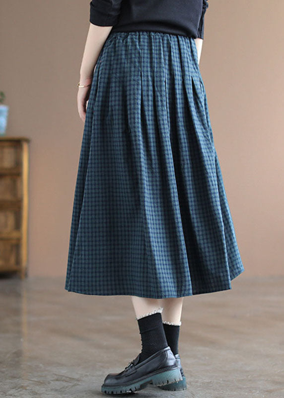 Handmade Blue Plaid Elastic Waist Pockets Fall Skirt - Skirts - DYAVOR®