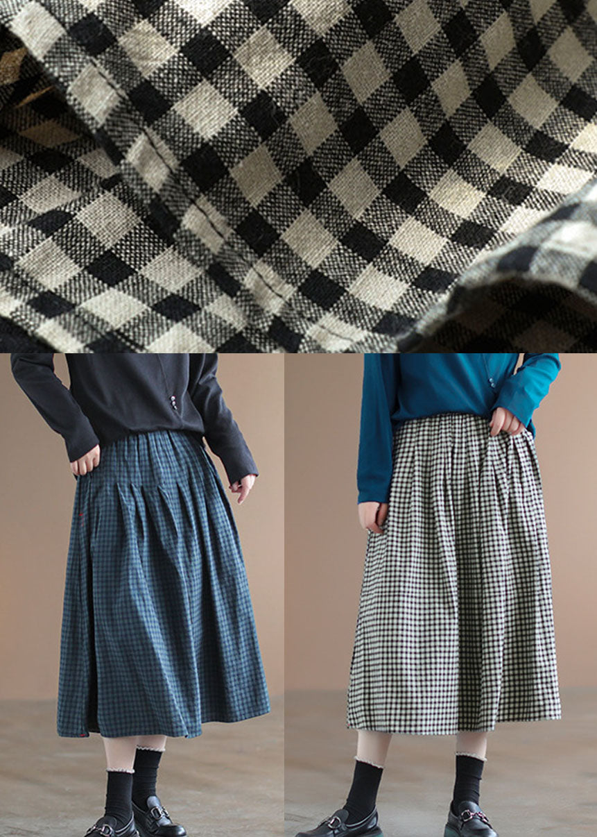 Handmade Blue Plaid Elastic Waist Pockets Fall Skirt - Skirts - DYAVOR®