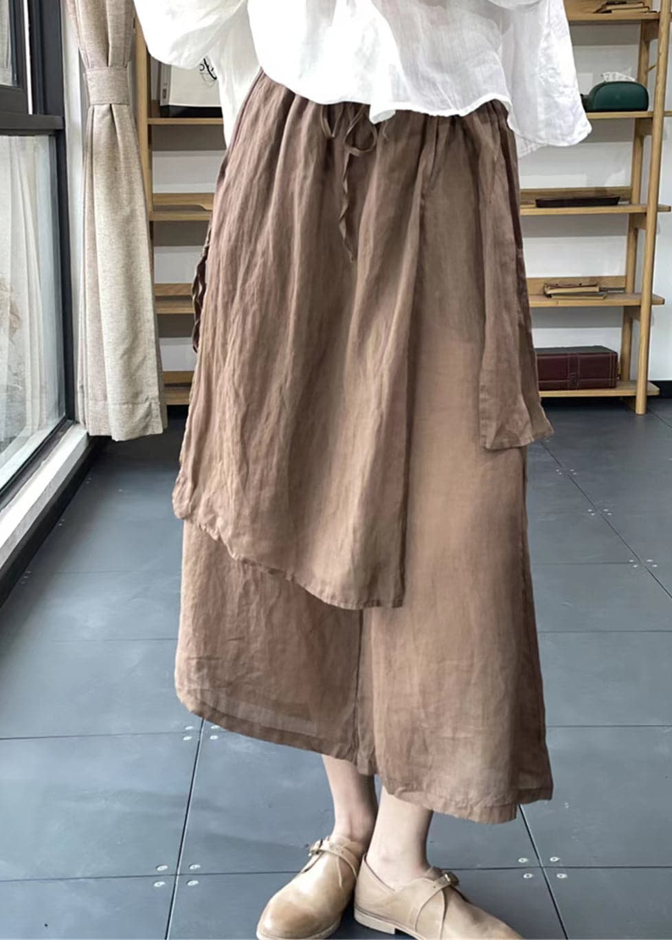 Handmade Coffee Elastic Waist Drawstring Asymmetrical Linen Wide Leg Pants Summer - Pants - DYAVOR®