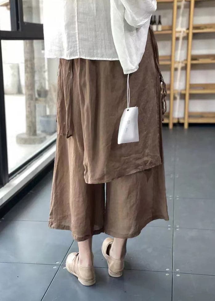 Handmade Coffee Elastic Waist Drawstring Asymmetrical Linen Wide Leg Pants Summer - Pants - DYAVOR®