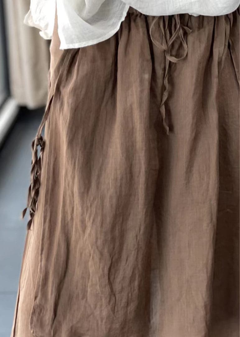 Handmade Coffee Elastic Waist Drawstring Asymmetrical Linen Wide Leg Pants Summer - Pants - DYAVOR®