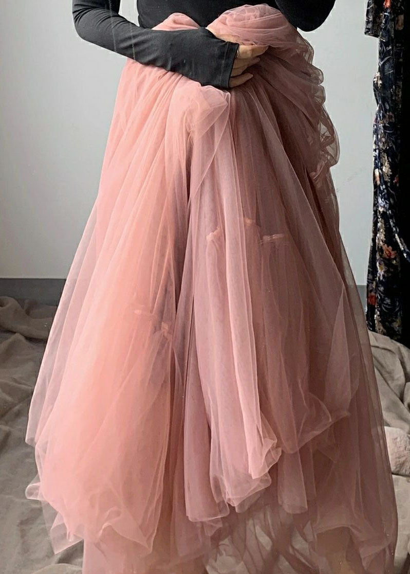 Handmade Pink Wrinkled High Waist Tulle Skirts Spring - Skirts - DYAVOR®