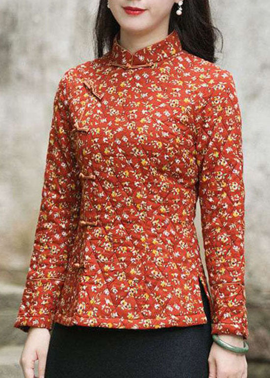 Handmade Red side open Stand Collar button Print Fine Cotton Filled tops Winter - Down Jackets - DYAVOR®