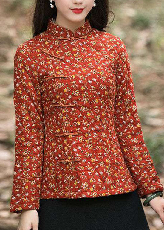 Handmade Red side open Stand Collar button Print Fine Cotton Filled tops Winter - Down Jackets - DYAVOR®