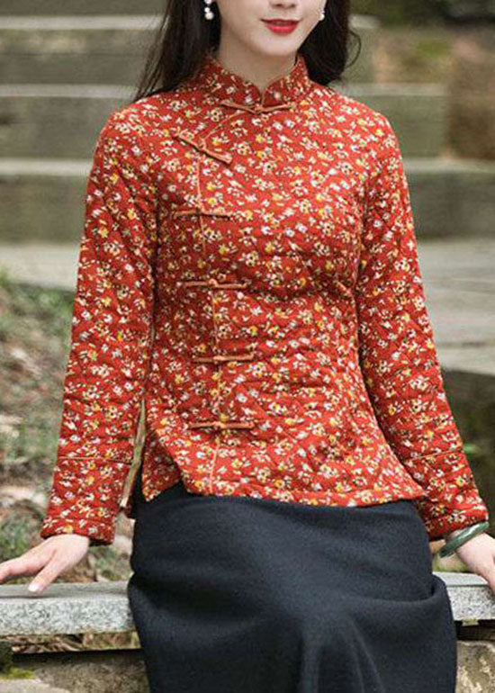 Handmade Red side open Stand Collar button Print Fine Cotton Filled tops Winter - Down Jackets - DYAVOR®