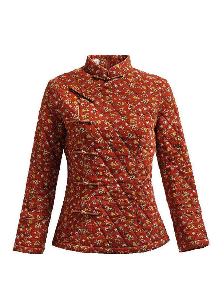 Handmade Red side open Stand Collar button Print Fine Cotton Filled tops Winter - Down Jackets - DYAVOR®