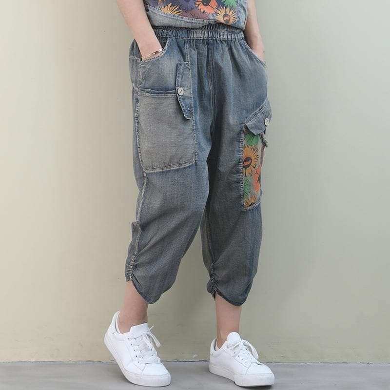 Handmade denim blue casual elastic waist patchwork Shape wide leg pants - - DYAVOR®