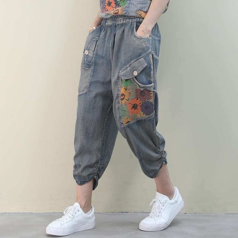 Handmade denim blue casual elastic waist patchwork Shape wide leg pants - - DYAVOR®
