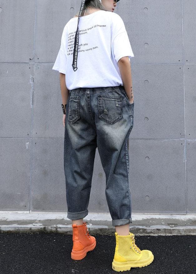 High waist summer nine points embroidery vintage broken hole carrot pants - - DYAVOR®