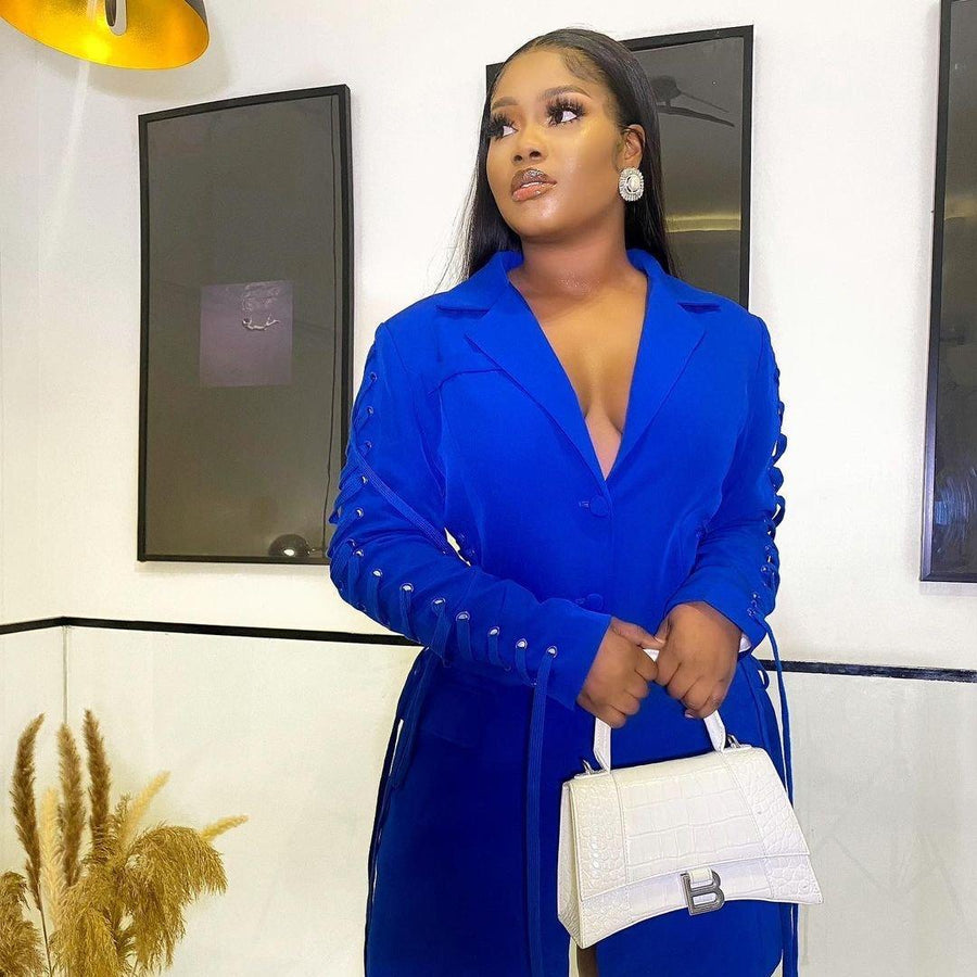 Blue Mini Jacket Dress with Ties - - DYAVOR®