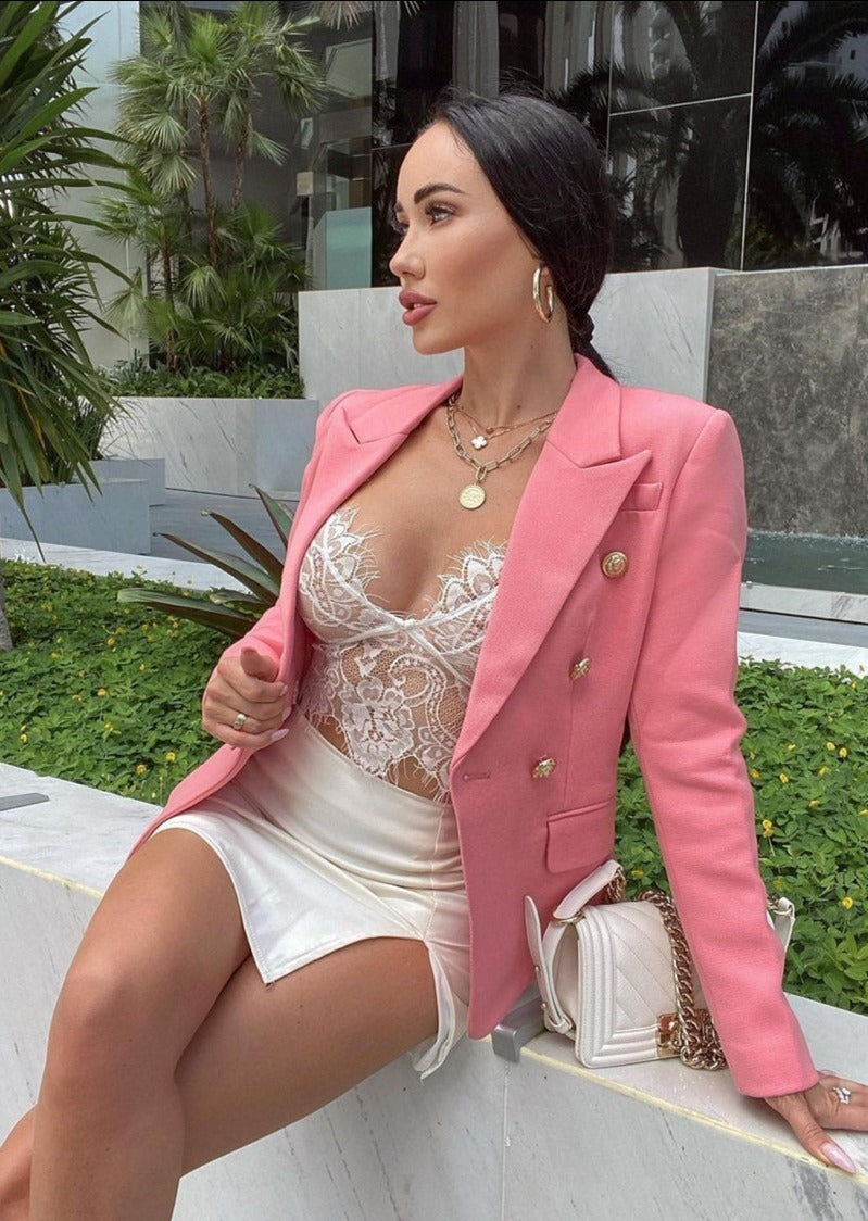 Double-breasted Textured Pink Blazer - - DYAVOR®