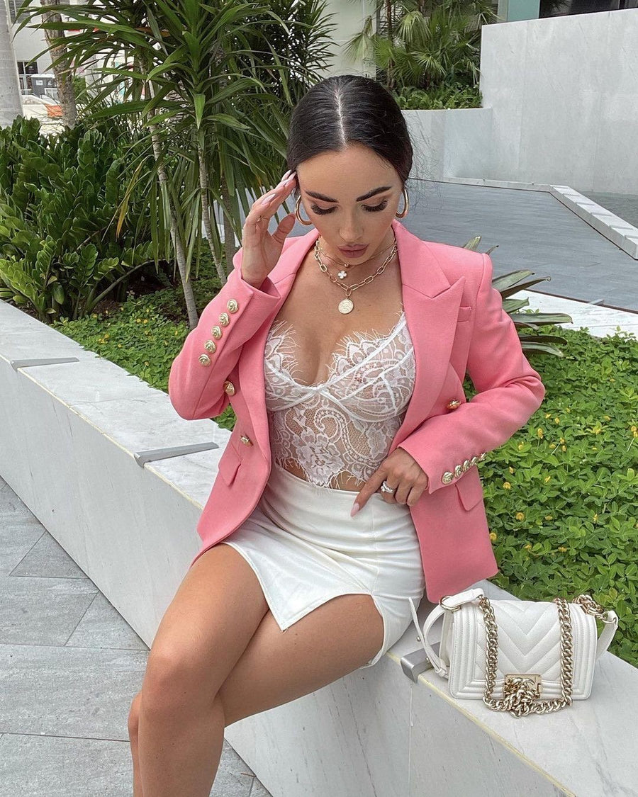 Double-breasted Textured Pink Blazer - - DYAVOR®