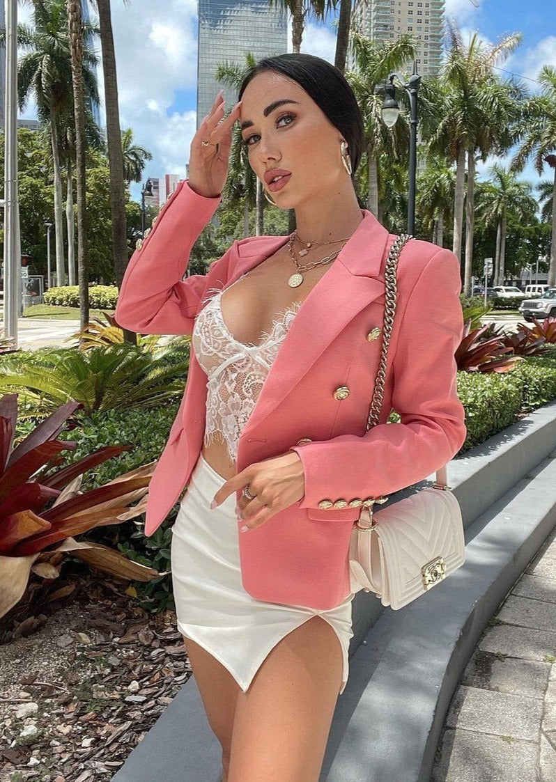 Double-breasted Textured Pink Blazer - - DYAVOR®