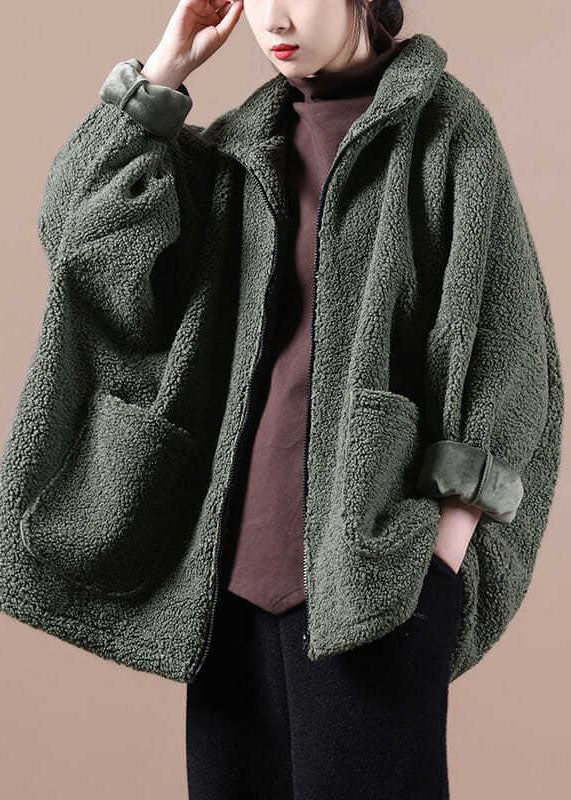 Italian Army Green Oversized Zippered Teddy Faux Fur Coat Winter - Down Jackets - DYAVOR®