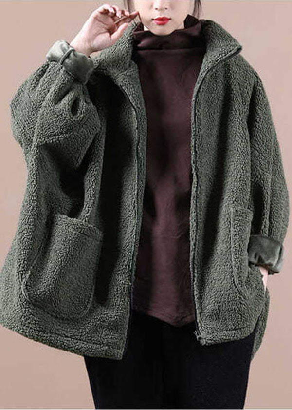 Italian Army Green Oversized Zippered Teddy Faux Fur Coat Winter - Down Jackets - DYAVOR®