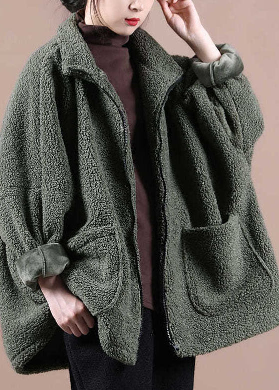 Italian Army Green Oversized Zippered Teddy Faux Fur Coat Winter - Down Jackets - DYAVOR®