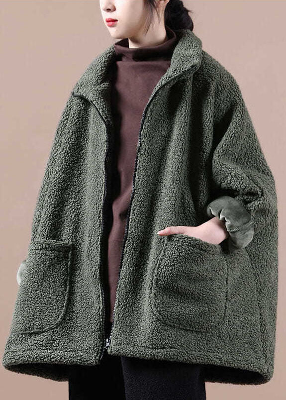 Italian Army Green Oversized Zippered Teddy Faux Fur Coat Winter - Down Jackets - DYAVOR®