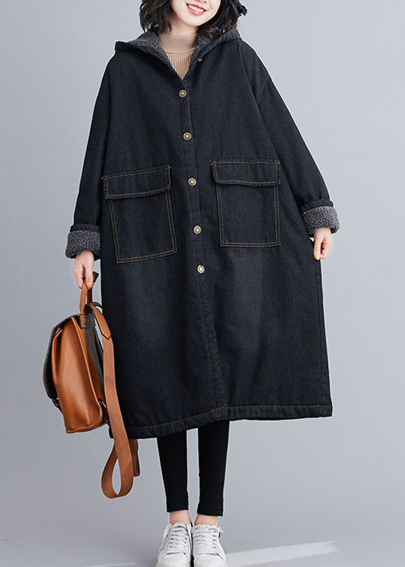 Italian Black Hooded Pockets Fleece Wool Lined Winter denim parka - Down Jackets - DYAVOR®
