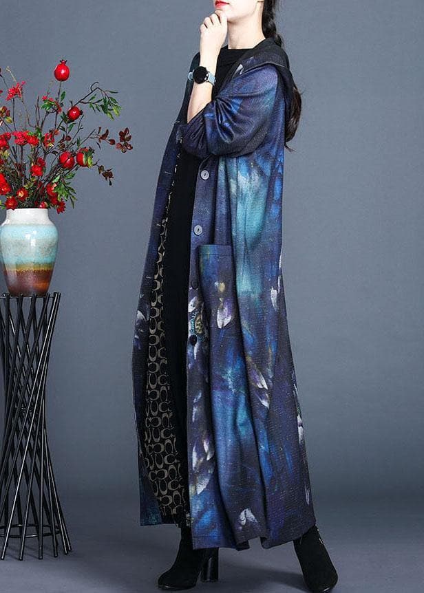 Italian Blue Hooded Print Fall Cardigan Long Sleeve - Trench coats - DYAVOR®