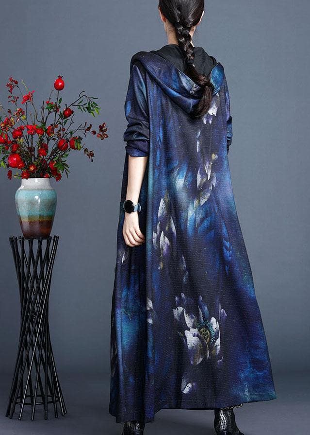Italian Blue Hooded Print Fall Cardigan Long Sleeve - Trench coats - DYAVOR®