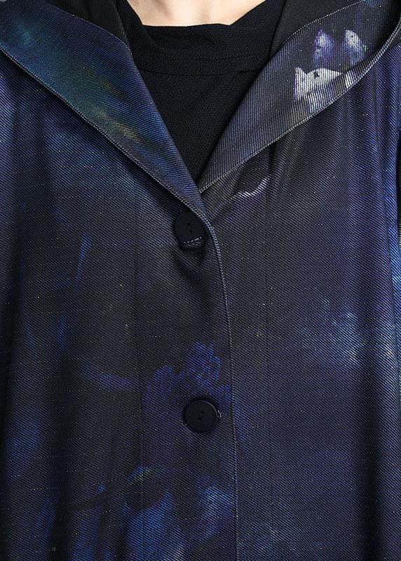 Italian Blue Hooded Print Fall Cardigan Long Sleeve - Trench coats - DYAVOR®