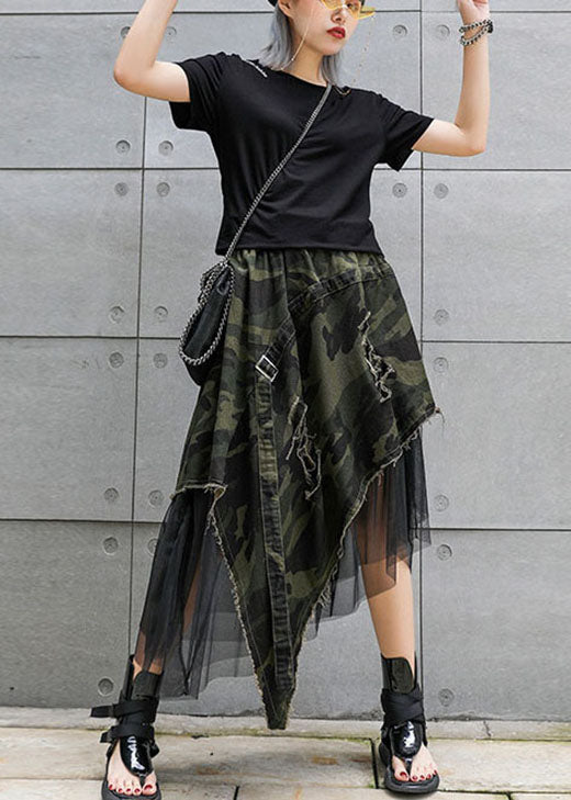Italian Camouflage High Waist Denim Patchwork Tulle asymmetrical design Fall Skirts - Skirts - DYAVOR®