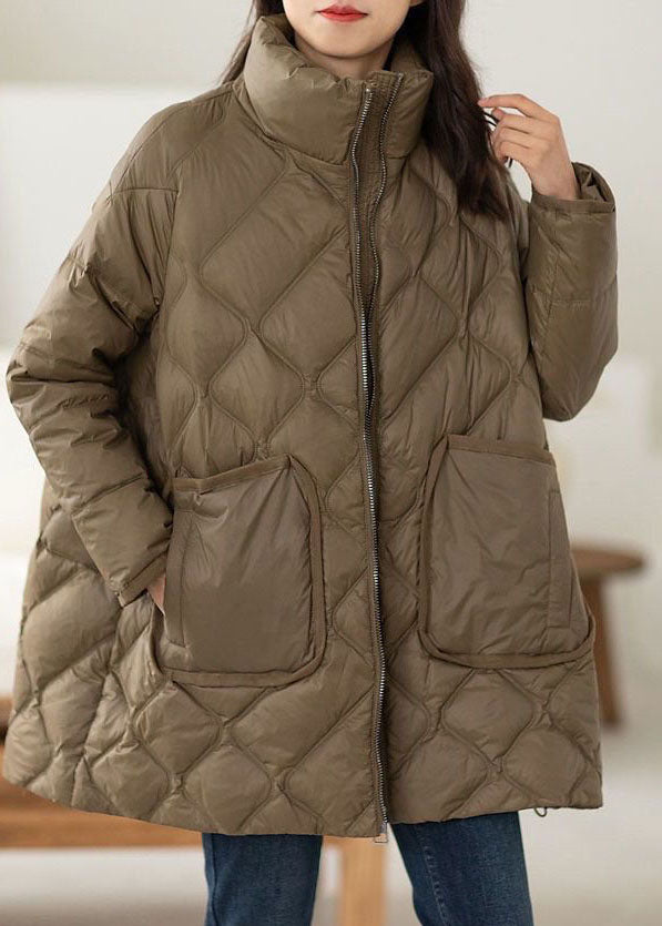 Italian Chocolate Stand Collar Zip Up Pockets Duck Down Puffers Jackets Winter - Down Jackets - DYAVOR®