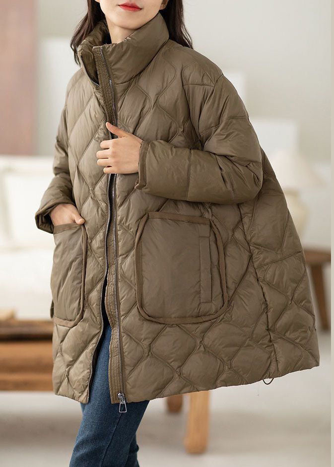 Italian Chocolate Stand Collar Zip Up Pockets Duck Down Puffers Jackets Winter - Down Jackets - DYAVOR®