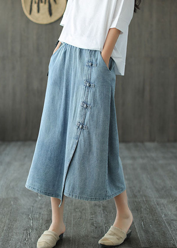 Italian Denim Blue Elastic Waist Asymmetrical Oriental Button Cotton Skirt Summer - Skirts - DYAVOR®