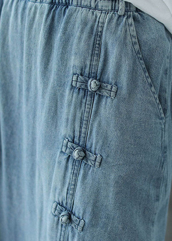 Italian Denim Blue Elastic Waist Asymmetrical Oriental Button Cotton Skirt Summer - Skirts - DYAVOR®