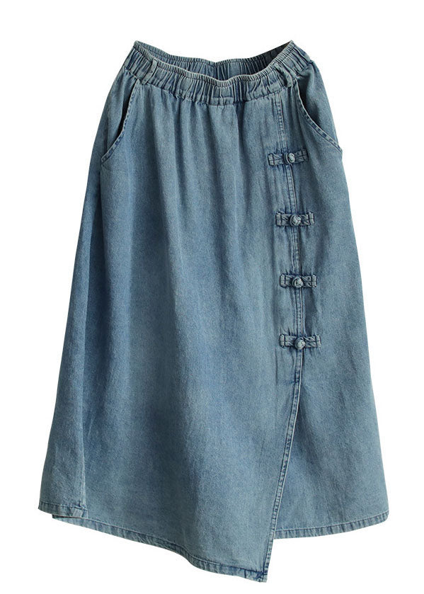Italian Denim Blue Elastic Waist Asymmetrical Oriental Button Cotton Skirt Summer - Skirts - DYAVOR®