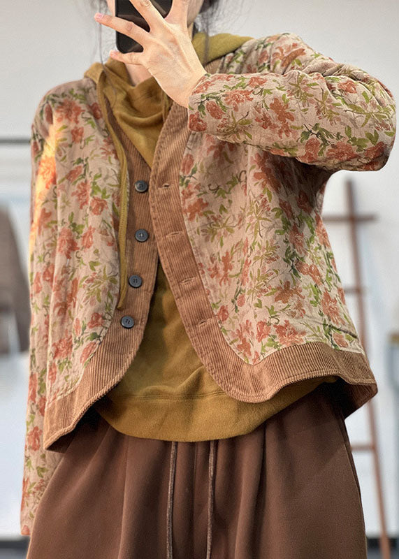 Italian Khaki V Neck Patchwork Print Fine Cotton Filled Witner Coat - Down Jackets - DYAVOR®