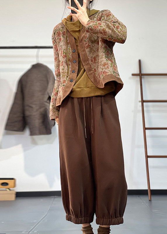 Italian Khaki V Neck Patchwork Print Fine Cotton Filled Witner Coat - Down Jackets - DYAVOR®