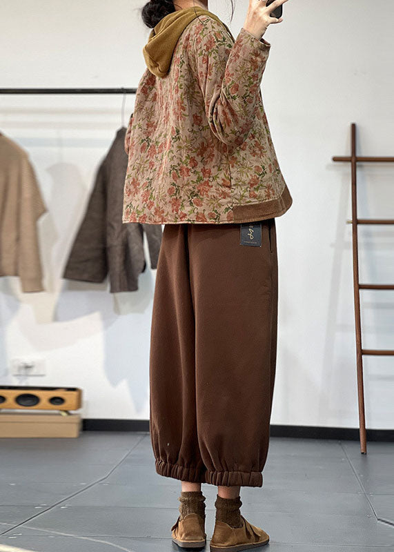 Italian Khaki V Neck Patchwork Print Fine Cotton Filled Witner Coat - Down Jackets - DYAVOR®