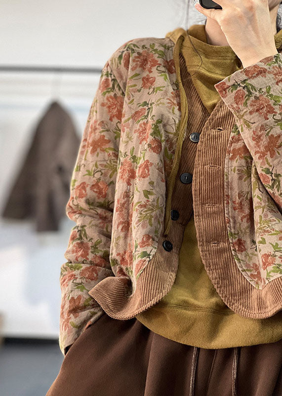 Italian Khaki V Neck Patchwork Print Fine Cotton Filled Witner Coat - Down Jackets - DYAVOR®