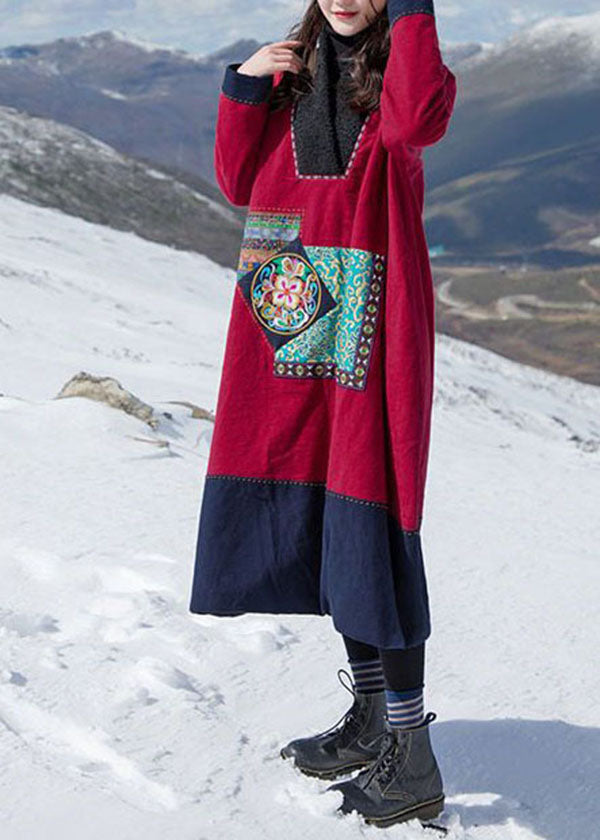 Italian Red Embroideried Patchwork Teddy Faux Fur Fine Cotton Filled Gown Winter - Down Jackets - DYAVOR®