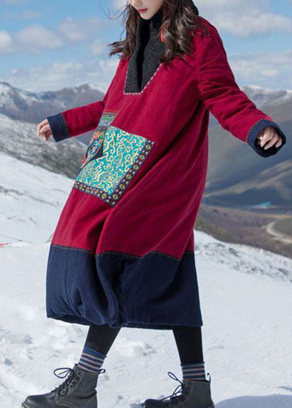Italian Red Embroideried Patchwork Teddy Faux Fur Fine Cotton Filled Gown Winter - Down Jackets - DYAVOR®