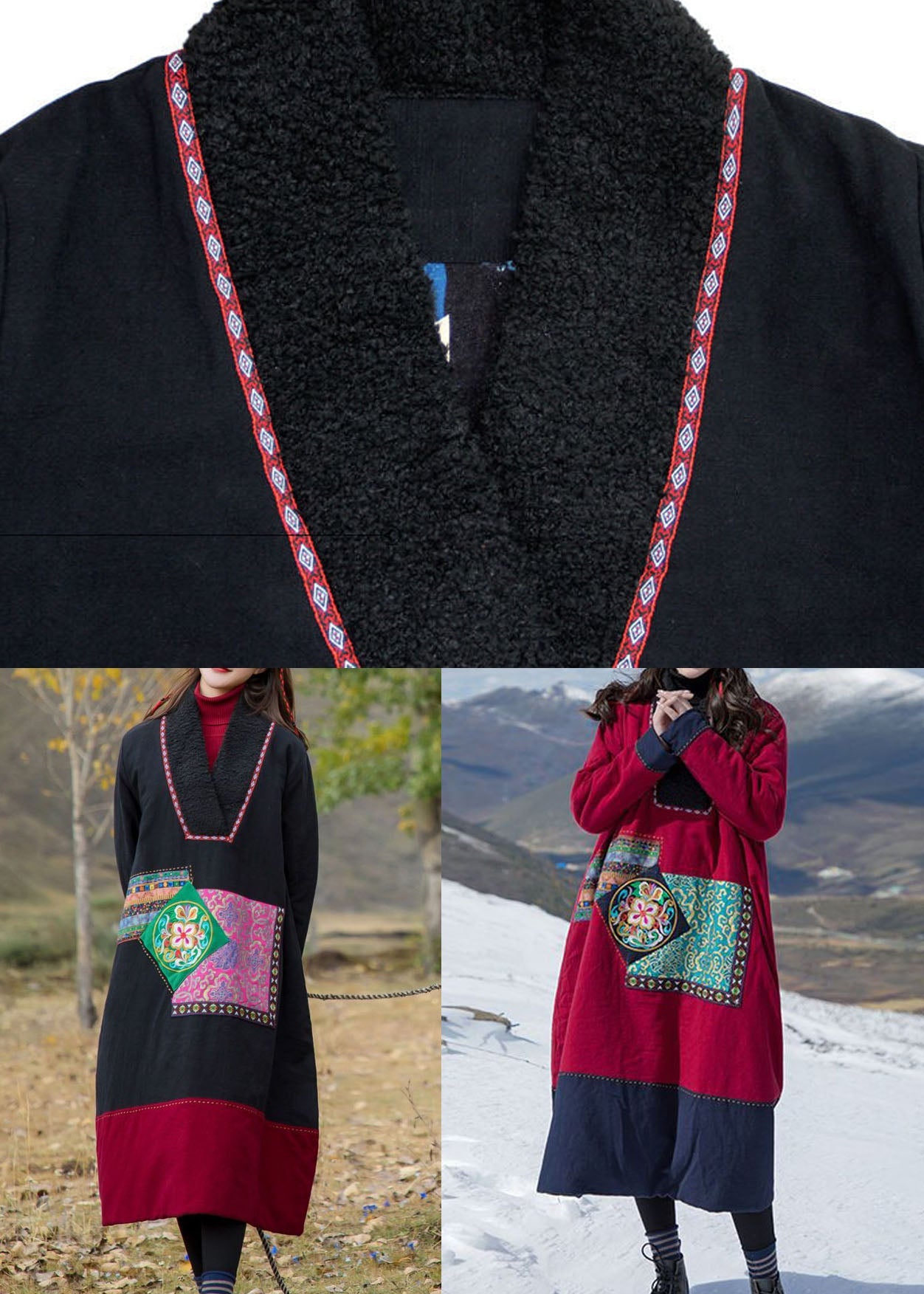 Italian Red Embroideried Patchwork Teddy Faux Fur Fine Cotton Filled Gown Winter - Down Jackets - DYAVOR®