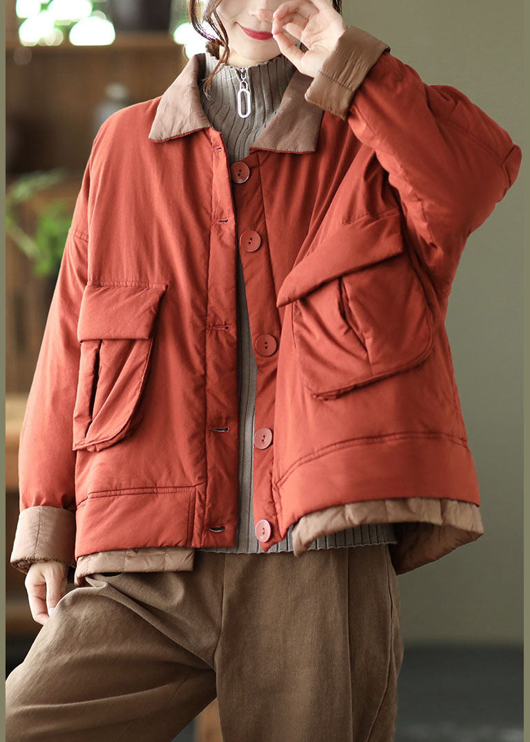 Italian Red Peter Pan Collar Pockets Patchwork Fine Cotton Filled Parka Jacket Winter - Down Jackets - DYAVOR®