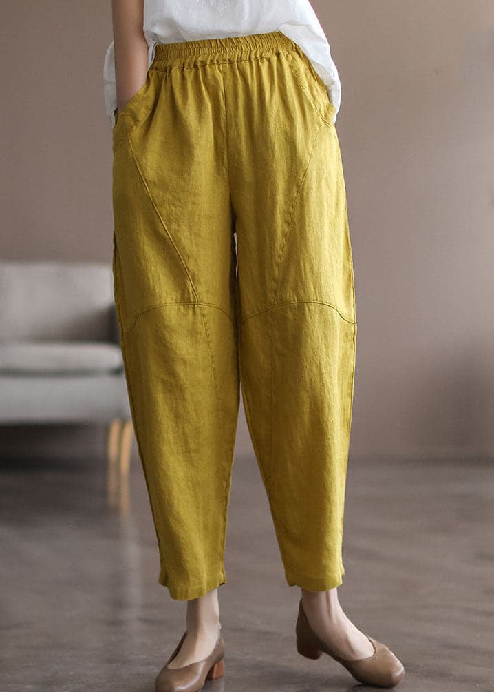 Italian Yellow Elastic Waist Pockets Linen Pants Summer - Crop Pants - DYAVOR®