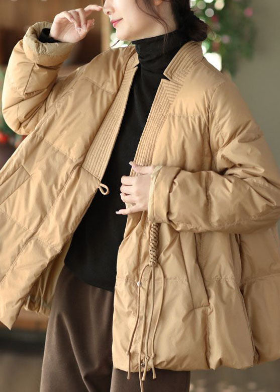 Khaki Duck Down Winter Coats V Neck Oriental Button Winter - Down Jackets - DYAVOR®